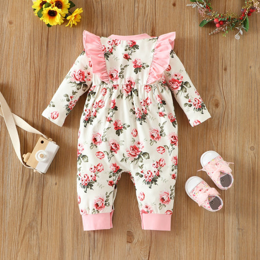 Infant Children's Long-Sleeved Lace Bow Flower One-Piece Romper Girl Baby Autumn And Winter Romper eprolo