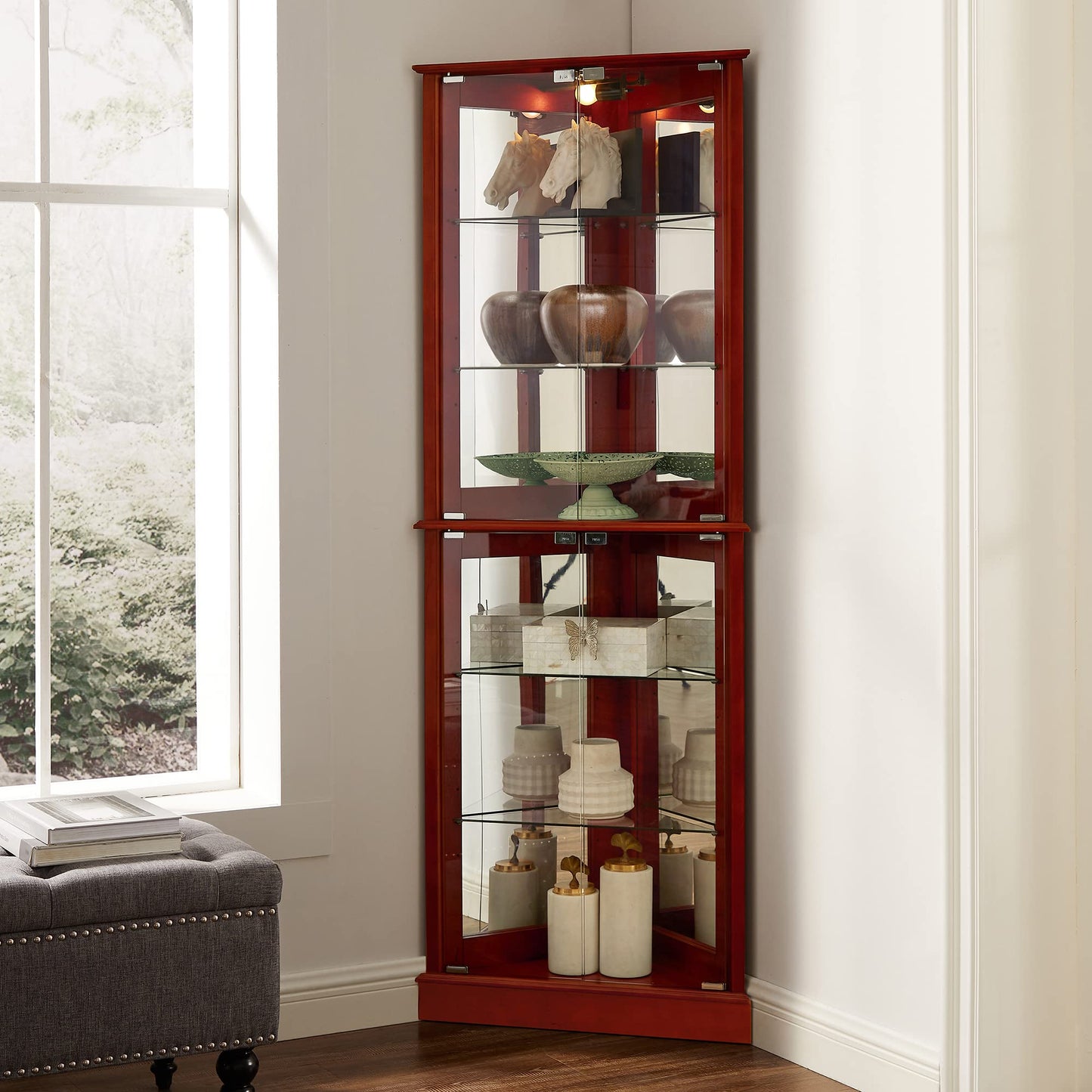 Corner Curio Dispaly Cabinet with Lights, Adjustable Tempered Glass Shelves, Mirrored Back,Cherry(E26 light bulb not included) eprolo