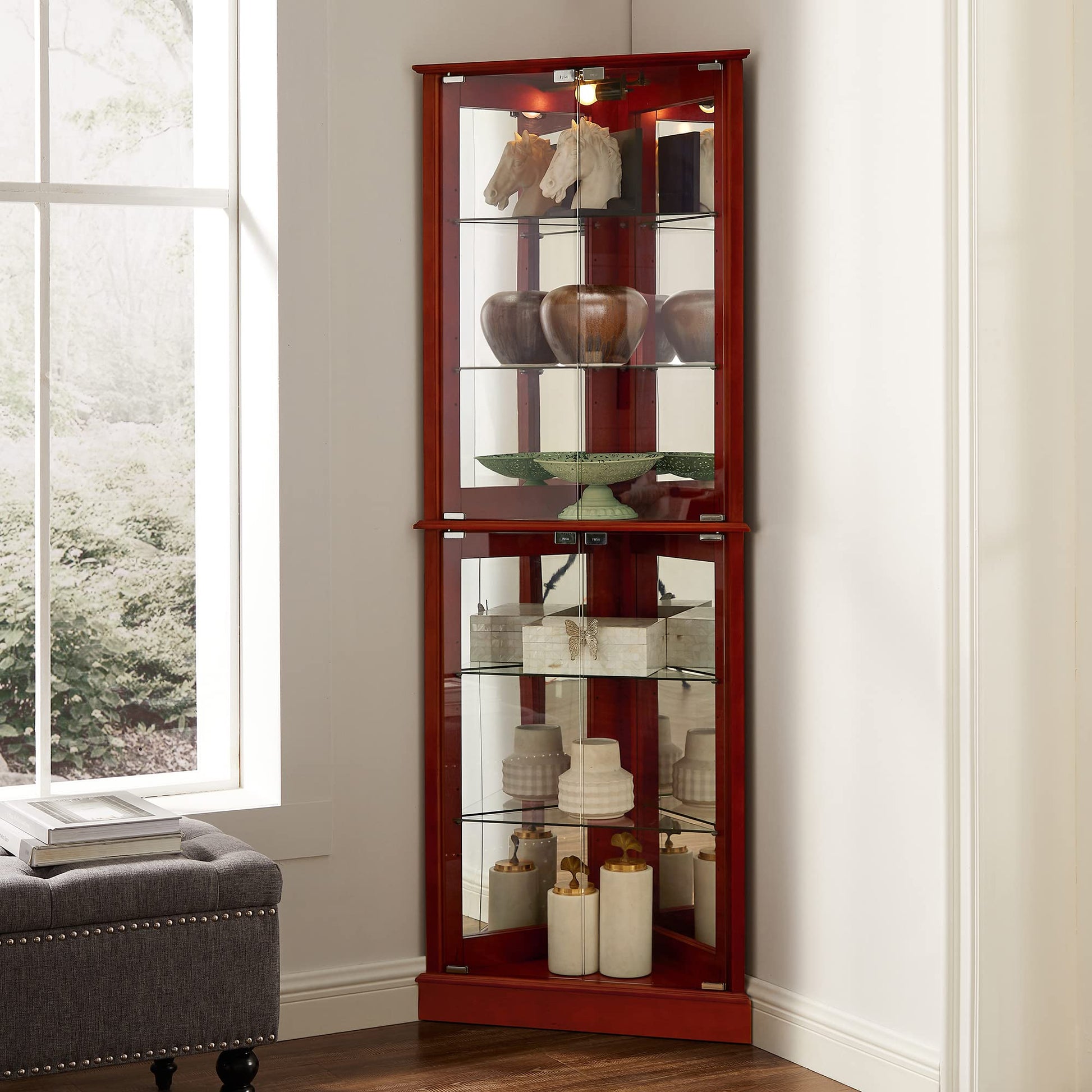 Corner Curio Dispaly Cabinet with Lights, Adjustable Tempered Glass Shelves, Mirrored Back,Cherry(E26 light bulb not included) eprolo