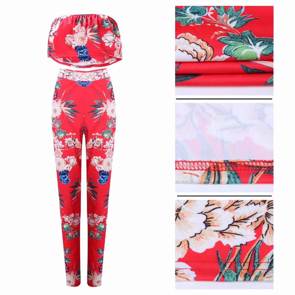 Summer Women Clothes Plus size Flower two piece set Print off shoulder crop top Ruffles cropped Tops Pants Pattern suit eprolo