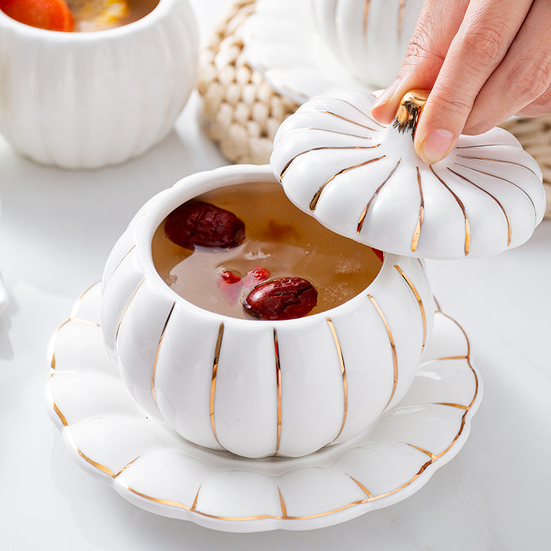 Creative Ceramic Pumpkin Cup, Steamed Egg Cup, Stewed Pot with Cover, Pure White Mini Bird's Nest Cup, Soup Cup eprolo