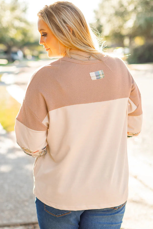 Parchment Plus Size Plaid Waffle Patchwork Henley Top - Shello's Creative Boutique
