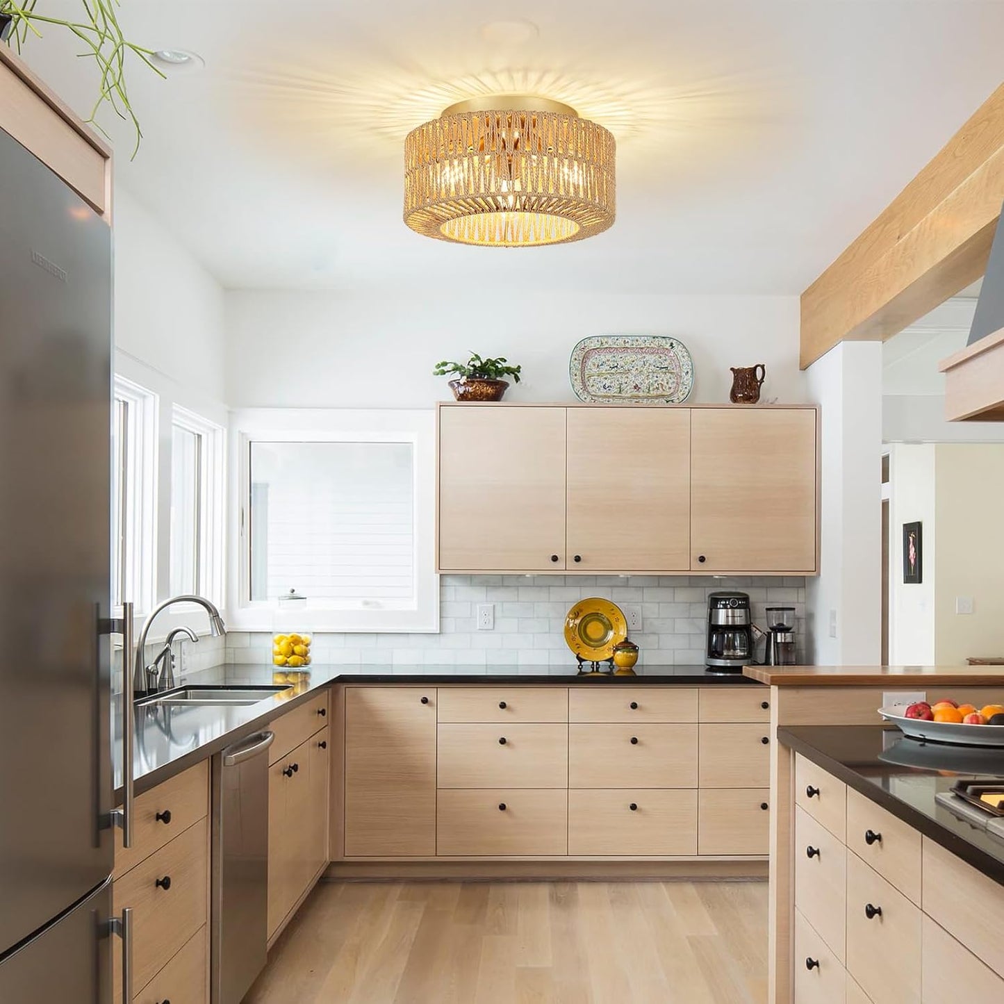 Boho Light Fixtures Ceiling Mount 3-Light Farmhouse Rattan Ceiling Light Fixture Flush Mount Ceiling Light with Hand-Woven Shade eprolo