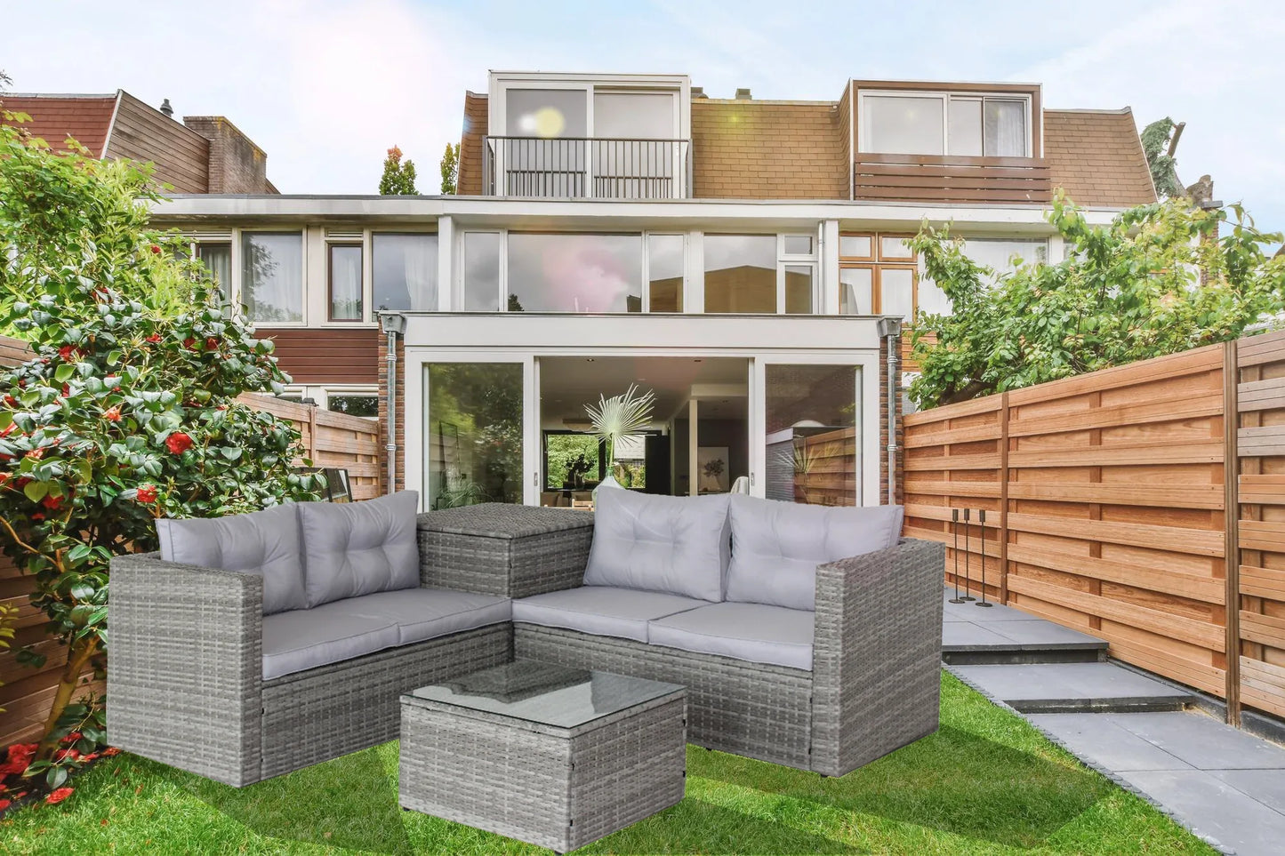 4 Piece Patio Sectional Wicker Rattan Outdoor Furniture Sofa Set with Storage Box Grey - Shello's Creative Boutique