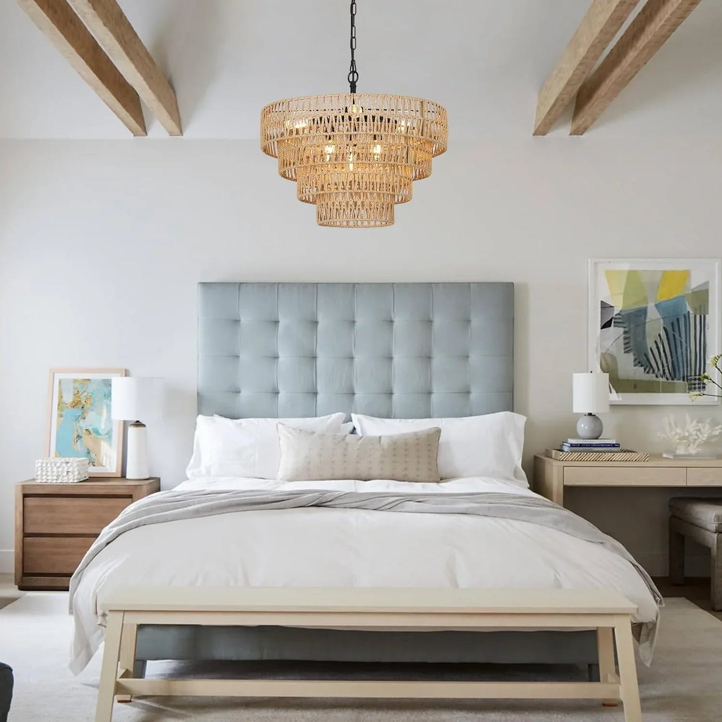 6-Light Dining Room Light Fixture, Wicker Pendant Lighting with 4-Tier Woven Lampshade, Large Farmhouse Chandeliers (20") - Shello's Creative Boutique