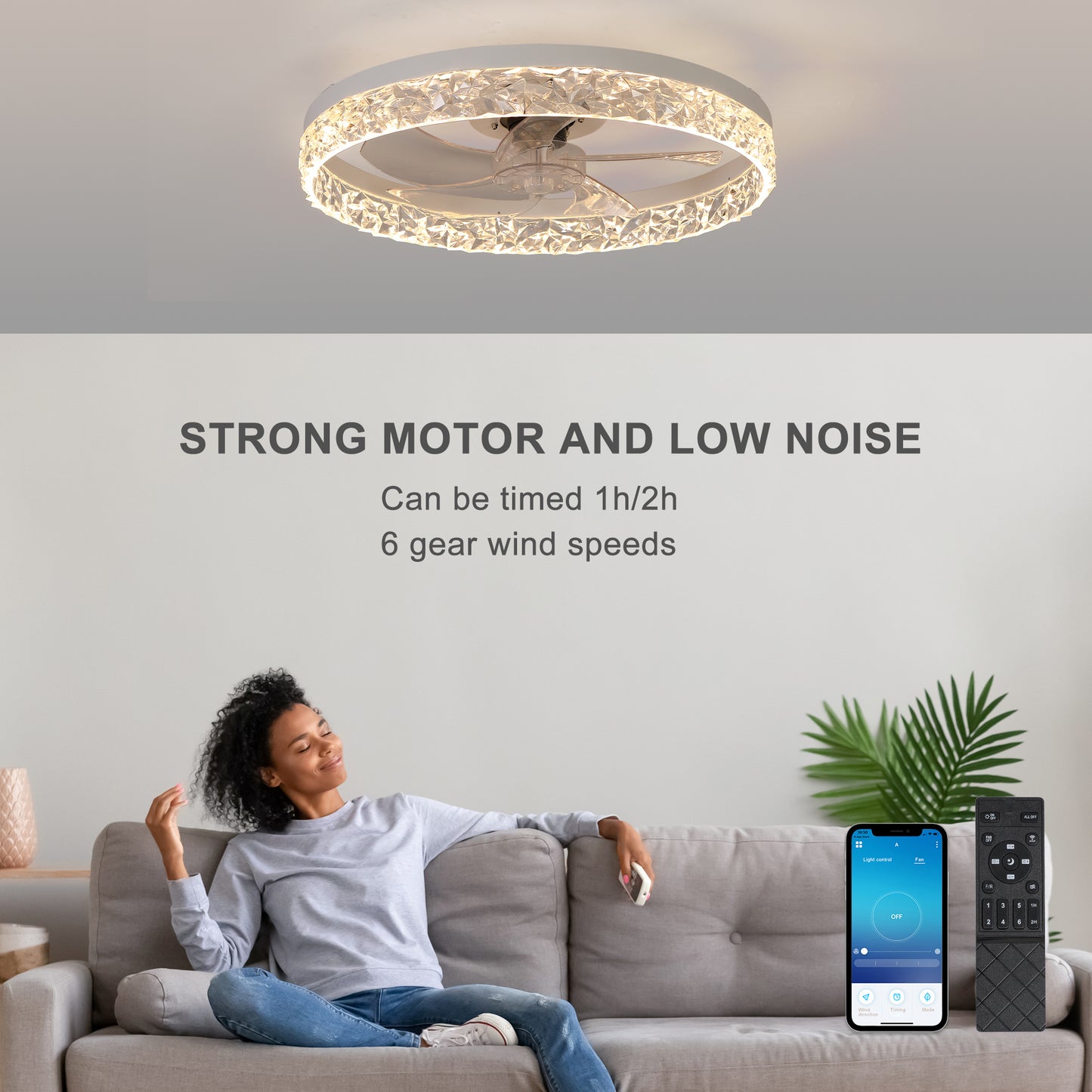 Modern acrylic ceiling fan light with remote control, dimmable LED pendant light, 6-speed adjustable, silent motor eprolo