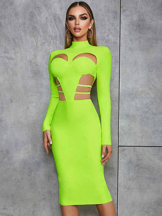 Fluorescent Green Hollow Out Bandage Dress - Long Sleeve Bodycon - Shello's Creative Boutique