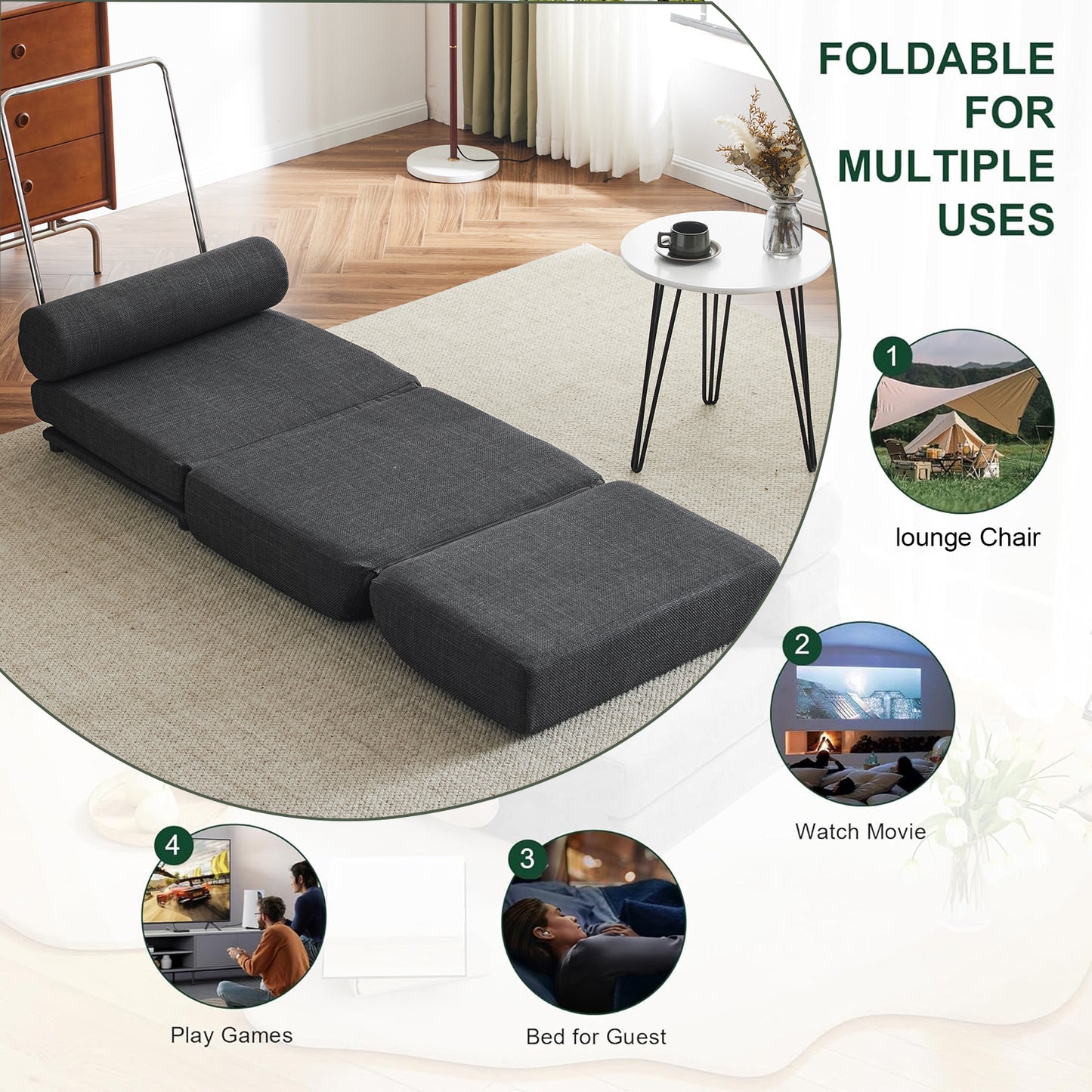 Single Sofa Chair Foldable Single Sofa Bed with Pillow,Portable Foldable Sofa Bed,Leisure Sofa Chair,Easy to Store, Dark Grey eprolo