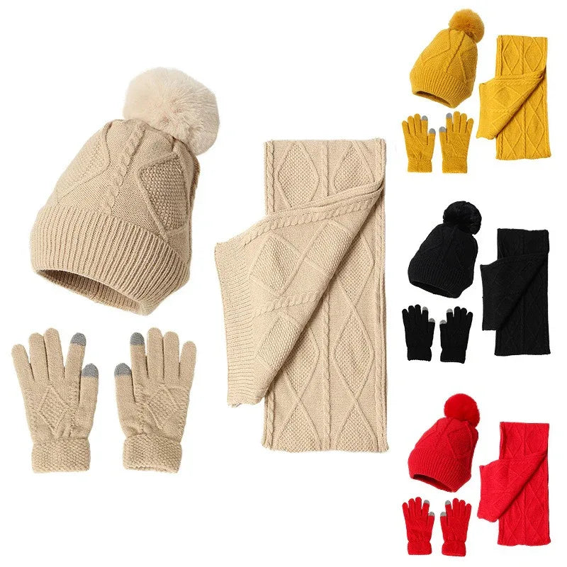 Adult Hat, Scarf, Glove, Three Piece Set, Autumn and Winter New Warm and Thickened Woolen Hat - Shello's Creative Boutique