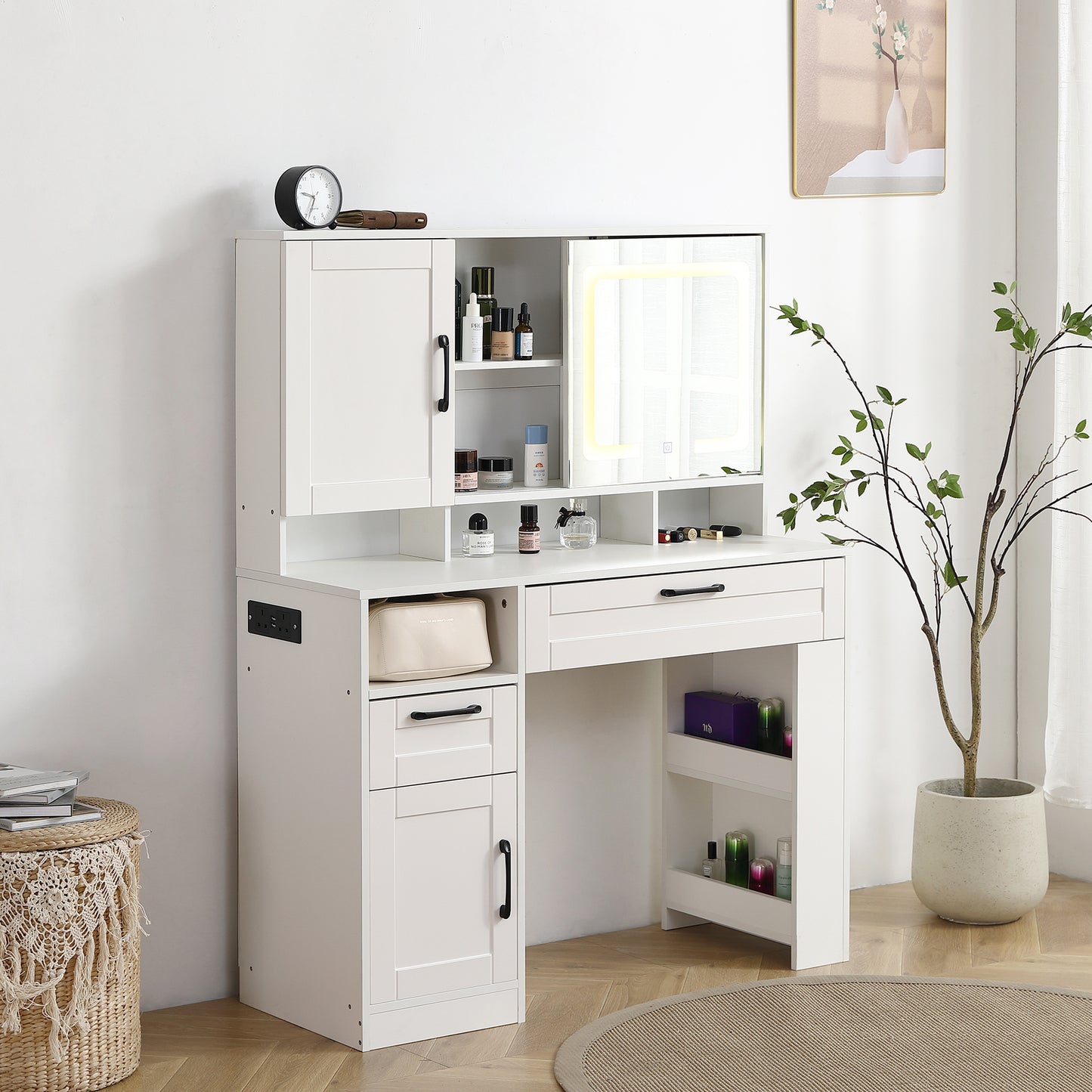 Vanity table with large sliding lighted mirror dressing table with 2 drawers storage shelves and upholstered stool white color eprolo
