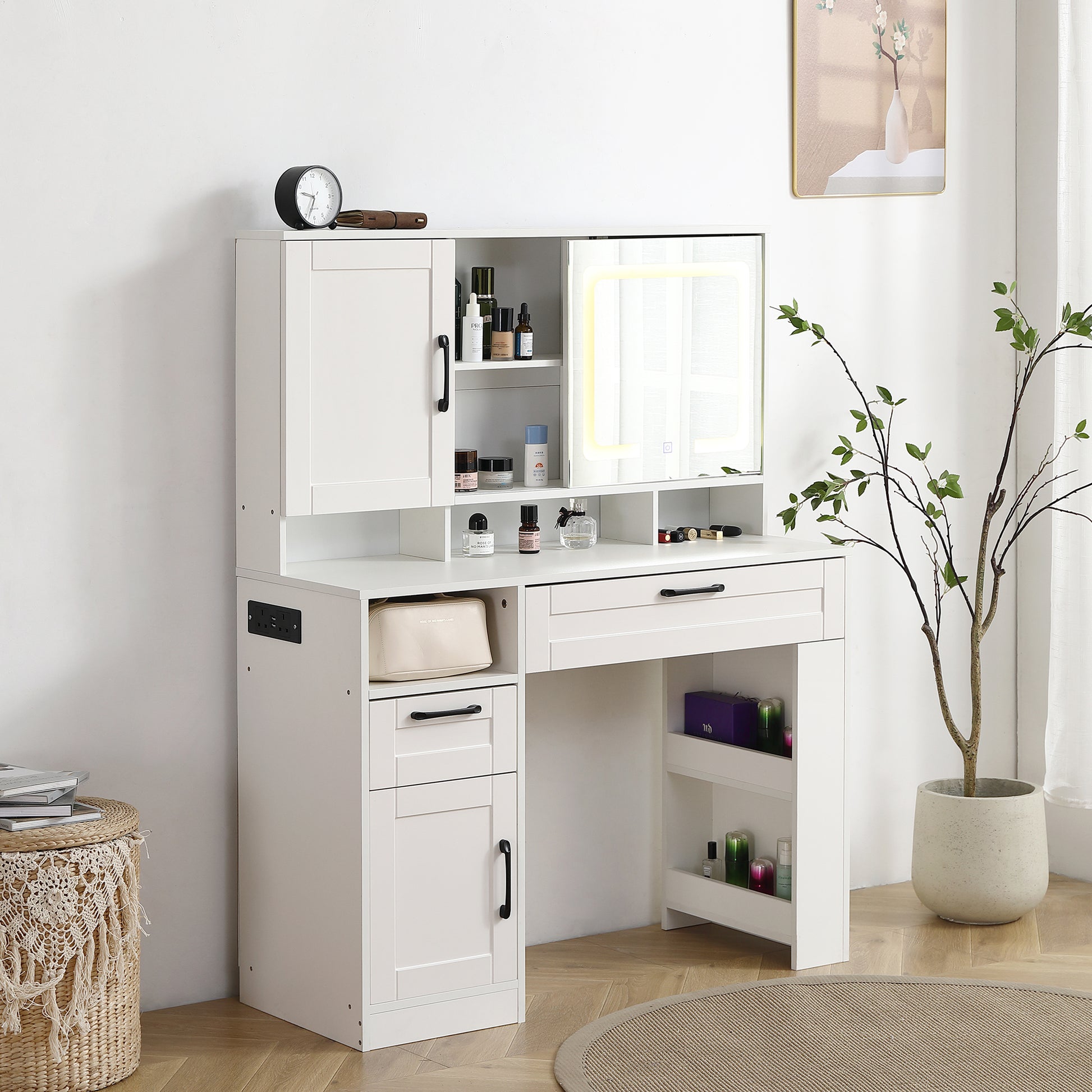 Vanity table with large sliding lighted mirror dressing table with 2 drawers storage shelves and upholstered stool white color eprolo