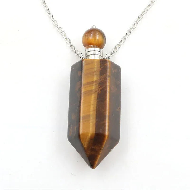 Natural Crystal Hexagonal Perfume Bottle Pendant Necklace Fluorite Pendant Essential Oil Jar Chain Necklace - Shello's Creative Boutique