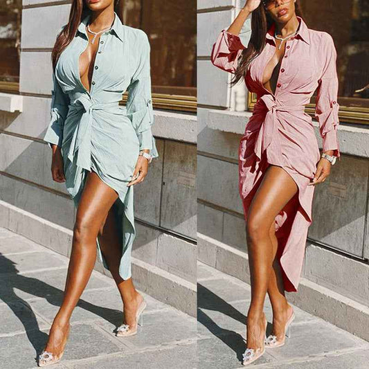 Women's Temperament Sexy Lace Waist Slim Pleated Long Back Shirt Dress