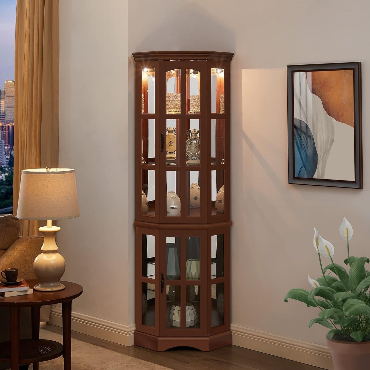 Luxury Corner Curio Cabinet with LED Lighting - 5-Shelf Display Cabinet in Walnut