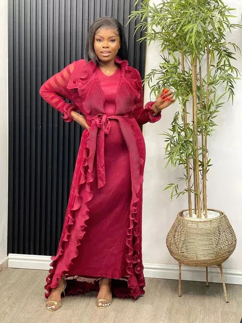Heavy Industry Pleated Set Solid Flounced Edge Full Sleeved Sexy Evening Party Two Piece Sets for Women - Shello's Creative Boutique