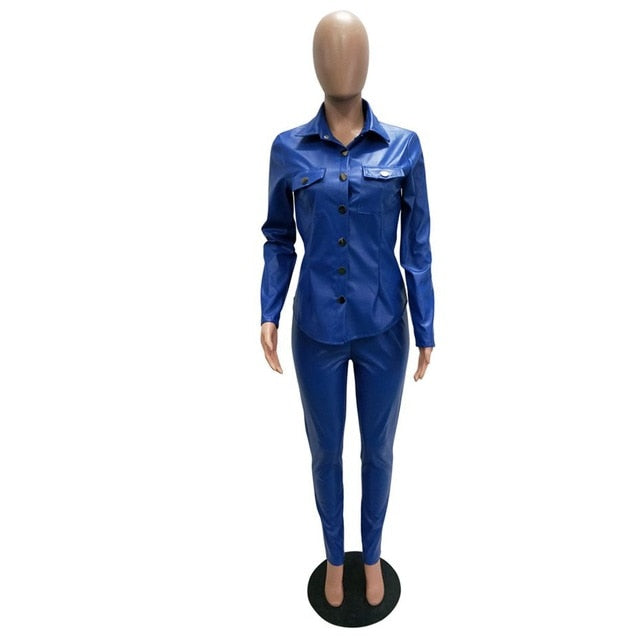 Sexy Two Piece Set Women Plus Size PU Leather Long Sleeve Top and Bodycon Pant Suit eprolo