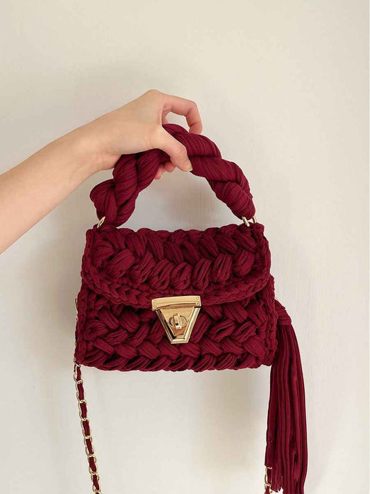 Women Crochet Shoulder Bag - Hand Woven Crochet Tassel Bag with Fried Dough Twists