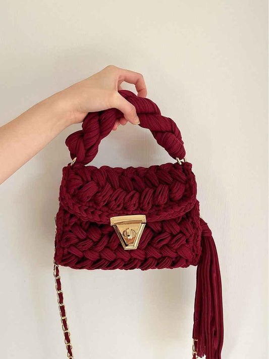 Women Crochet Shoulder Bag - Hand Woven Crochet Tassel Bag with Fried Dough Twists - Shello's Creative Boutique