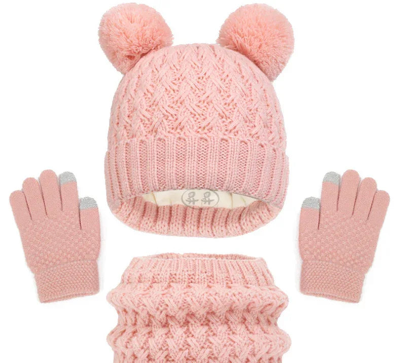 European and American children's hats, scarves, gloves, three piece set, autumn and winter plush and thickened double ball baby hats - Shello's Creative Boutique