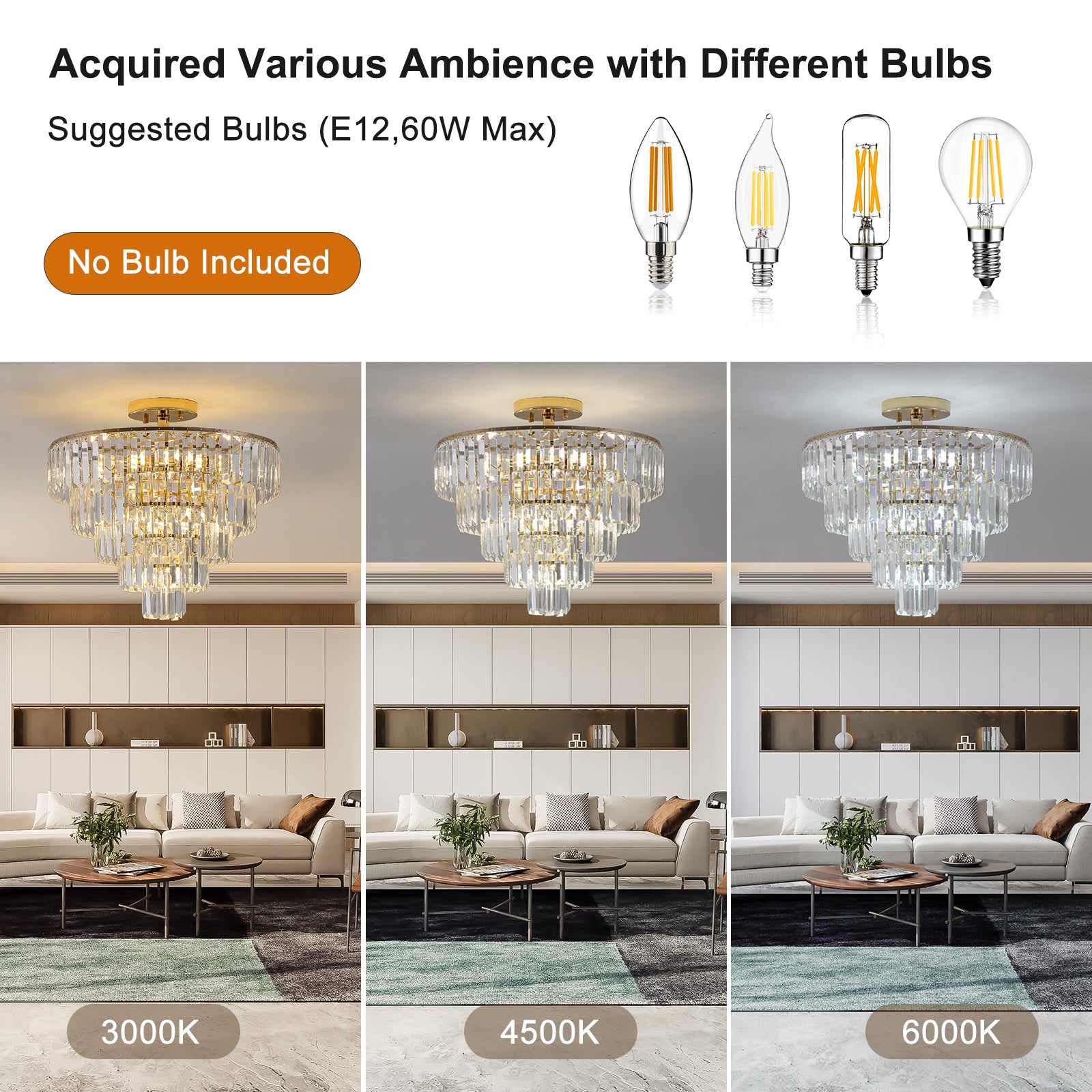 Gold Crystal Chandeliers,5-Tier Round Semi Flush Mount Chandelier Light Fixture,Large Contemporary Luxury Ceiling Lighting eprolo