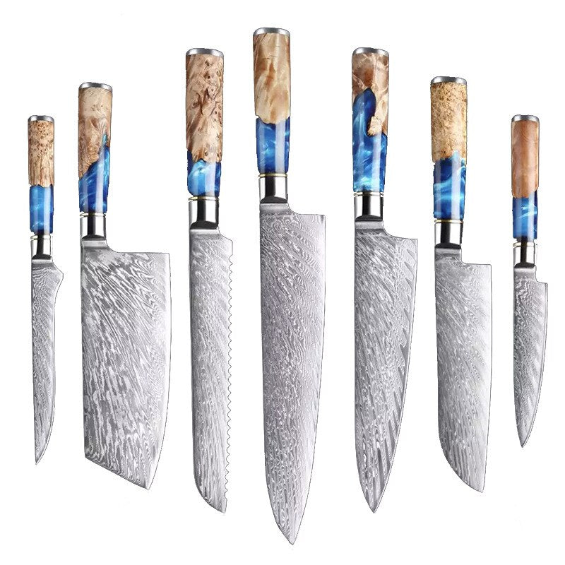 XUANFENG set of vg10 steel kitchen knife brocade machete chef knife bread knife blue resin and color wooden handle kitchen tools eprolo
