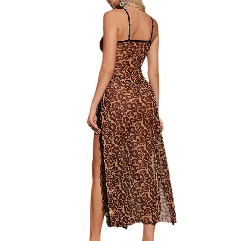 Sexy lingerie See through long skirt Pyjama set leopard print lace backless nightgown - Shello's Creative Boutique