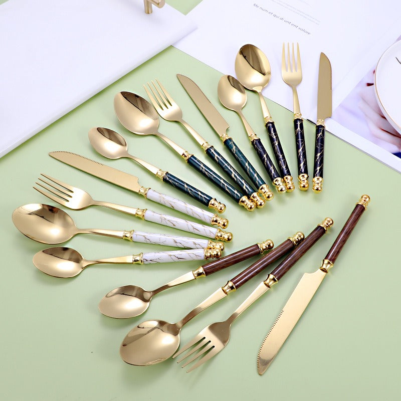410 stainless steel knife, fork, spoon set, European style hotel Western tableware, golden dessert spoon set, 24 pieces eprolo