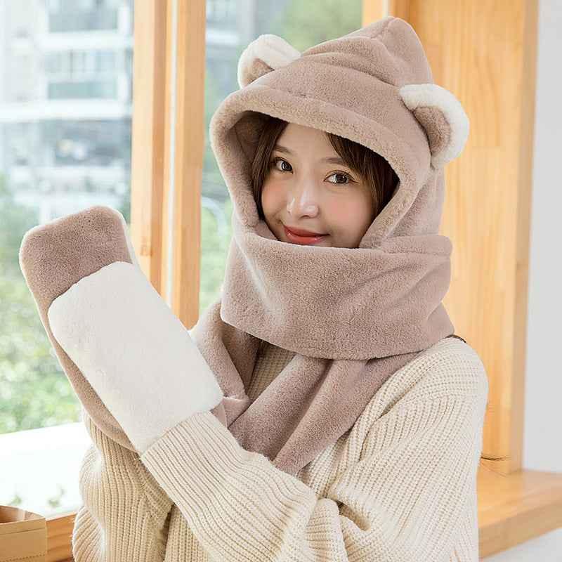 Winter Bear 3-in-1 Hat, Gloves & Scarf Set - Warm Plush Women's Winter Accessory - Shello's Creative Boutique
