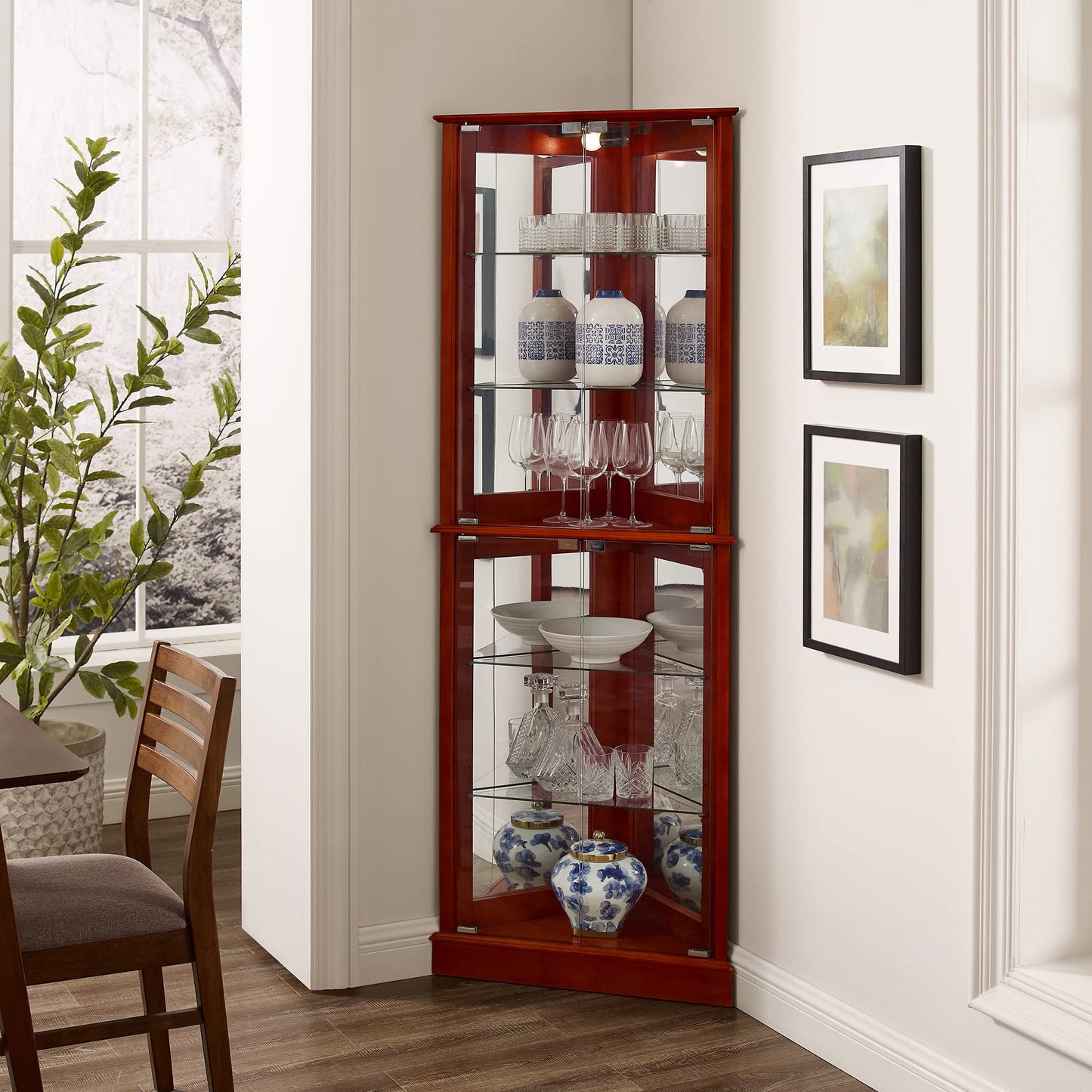 Corner Curio Dispaly Cabinet with Lights, Adjustable Tempered Glass Shelves, Mirrored Back,Cherry(E26 light bulb not included) eprolo