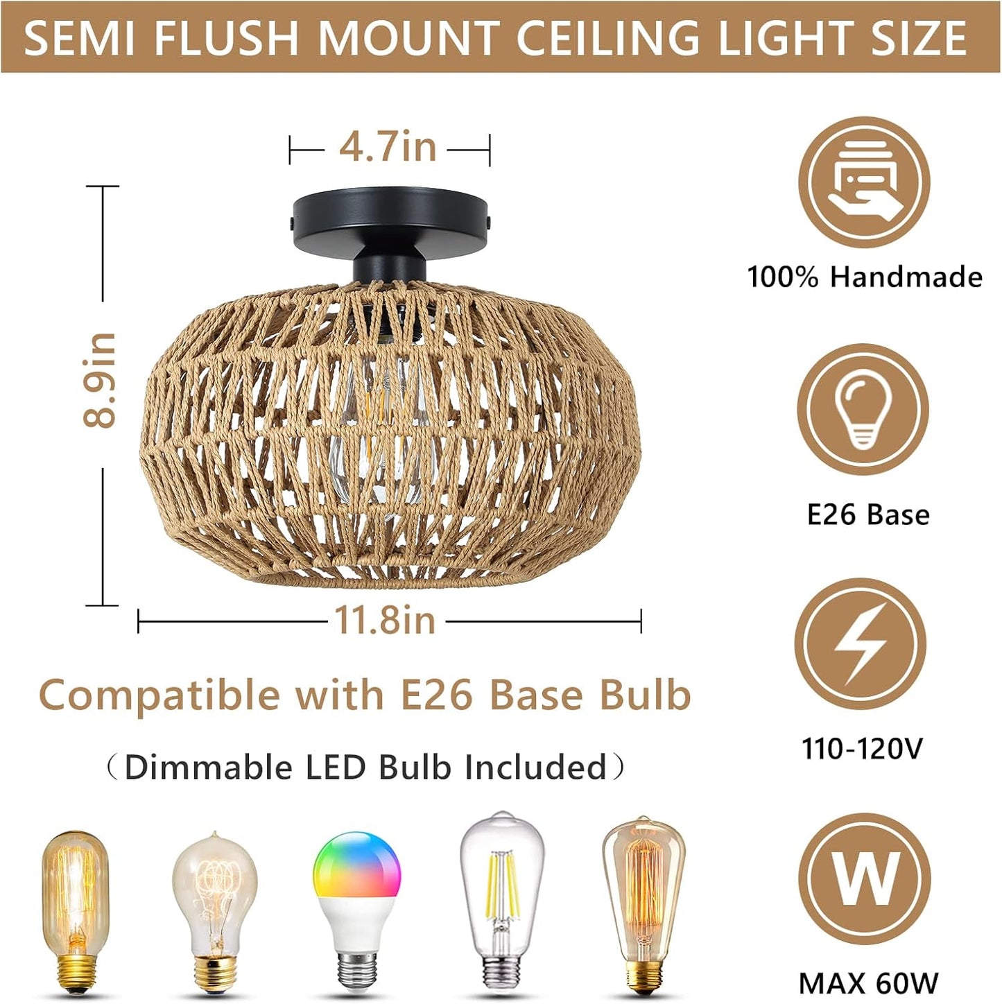 Rattan Light Fixtures Ceiling Mount,Boho Ceiling Light Fixture with Dimmable LED Bulb Mini Hand Woven Rattan eprolo