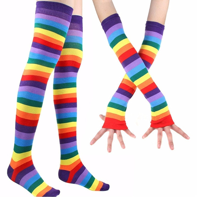 Women Rainbow Striped Thigh High Long Socks Arm Warmers Fingerless Gloves Set 649C eprolo