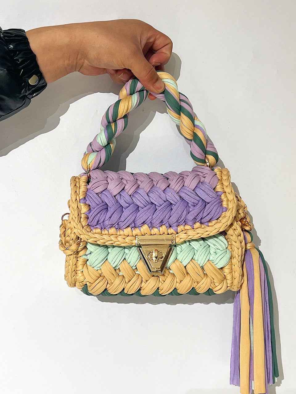 Women Crochet Shoulder Bag - Hand Woven Crochet Tassel Bag with Fried Dough Twists