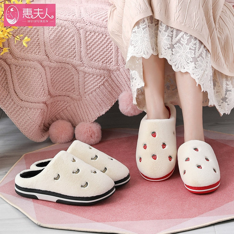Fashion Fruit Indoor Slippers Women Warm Plush Home Slipper Anti-slip Soft Lovers Winter Shoes Banana Cherry Ladies Slides SH450 eprolo