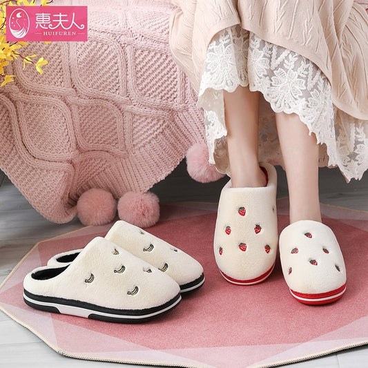 Fashion Fruit Indoor Slippers Women Warm Plush Home Slipper Anti-slip Soft Lovers Winter Shoes Banana Cherry Ladies Slides SH450 eprolo