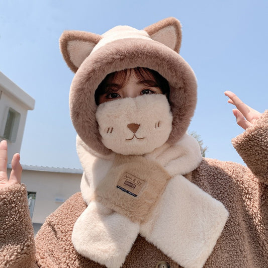 Adorable Bear Lei Feng Hat & Scarf Set - Rabbit Hair Winter One-Piece for Women