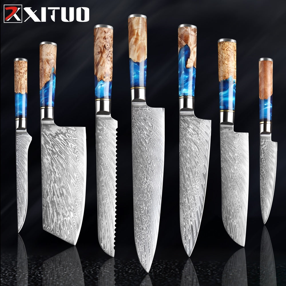XITUO Kitchen Knives-Set Damascus Steel VG10 Chef Knife Cleaver Paring Bread Knife Blue Resin and Color Wood Handle Cooking Tool eprolo