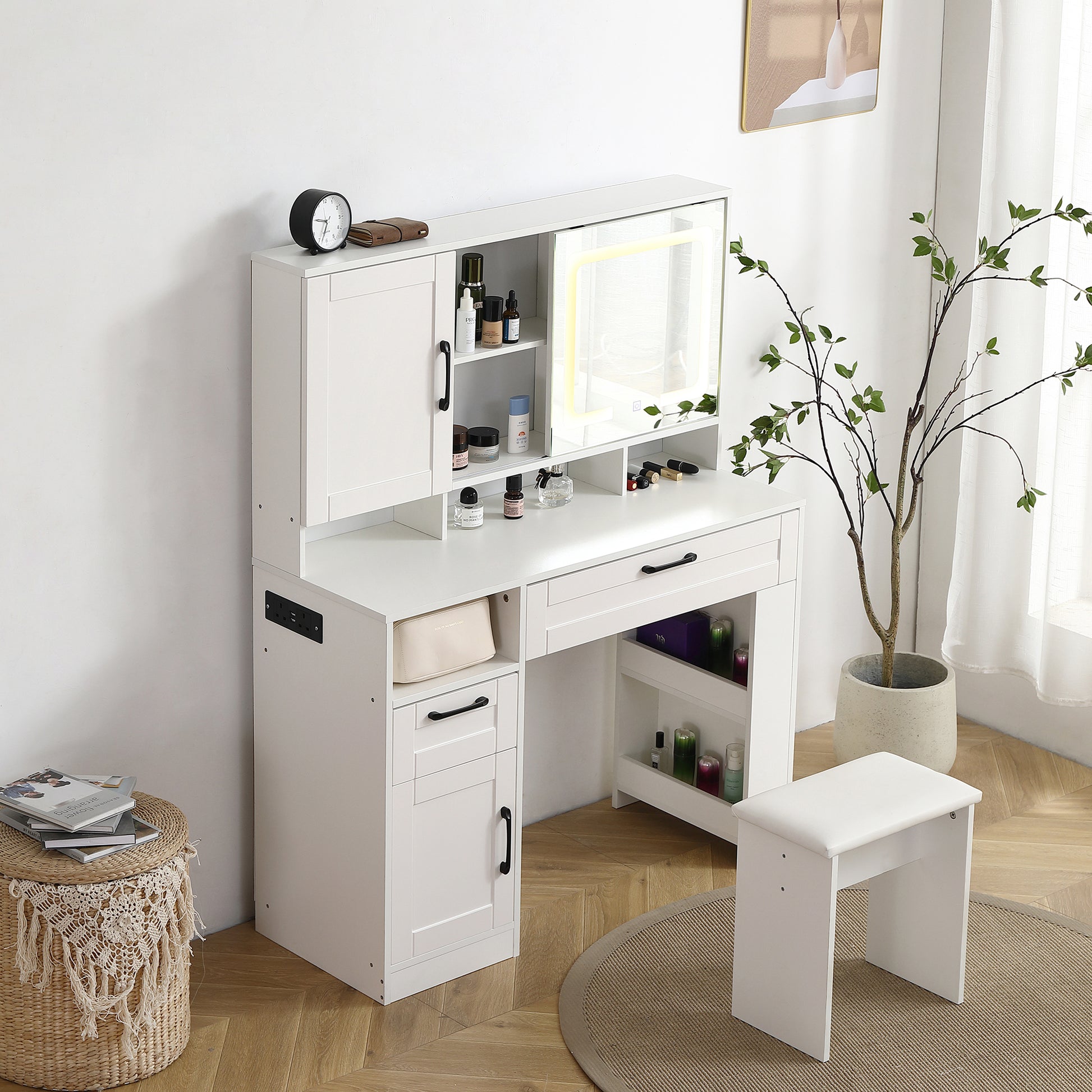 Vanity table with large sliding lighted mirror dressing table with 2 drawers storage shelves and upholstered stool white color eprolo