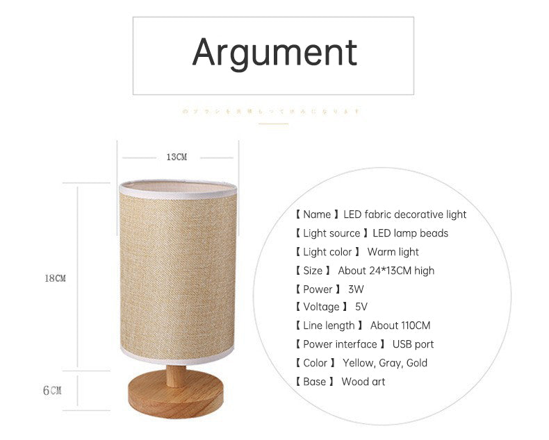 Linen Table Lamp LED Linen Night Lamp w/Warm White Light Linen Nightstand Lamp USB Powered Wooden Beside Lamp eprolo