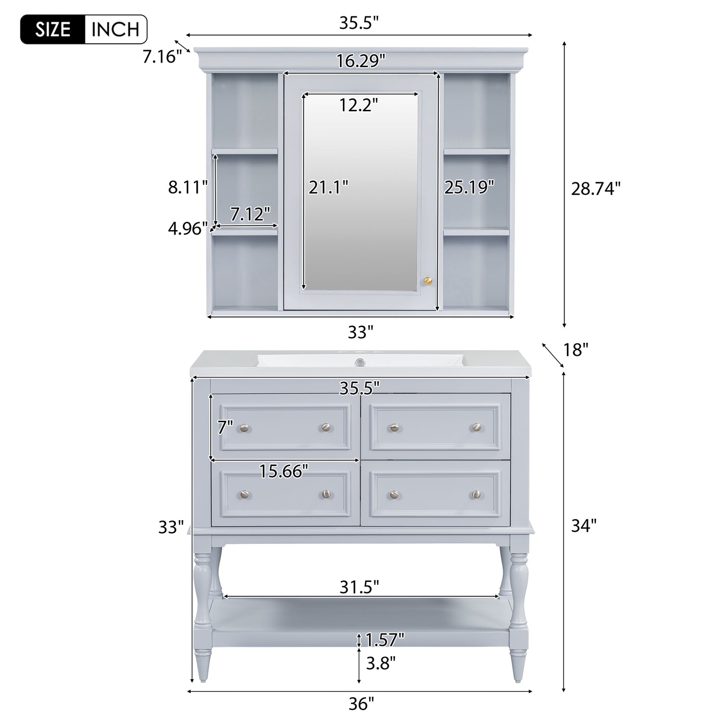36'' Bathroom Vanity with Medicine Cabinet, Modern Mirror Cabinet with Adjustable Shelf, Bathroom Storage Cabinet with 4 Drawers eprolo