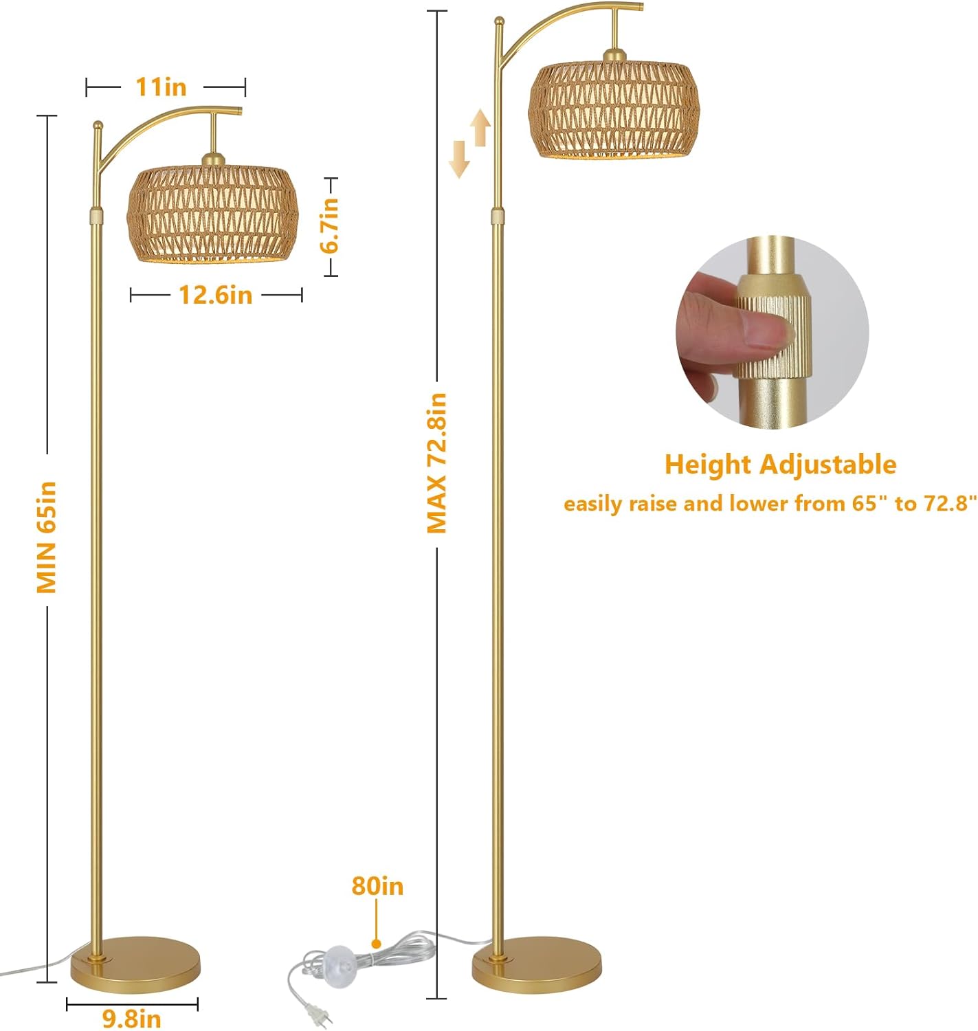Arc Floor Lamp with 3 Color Temperatures, LED Gold Floor Lamp with Remote & Stepless Dimmable Bulb, Boho Standing Lamp eprolo