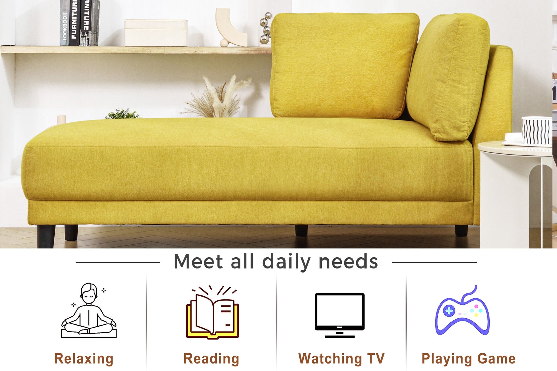 65" Mid-Century Modern Fabric Corner Lounge Chair Upholstered Indoor Chaise Lounge for Bedroom eprolo