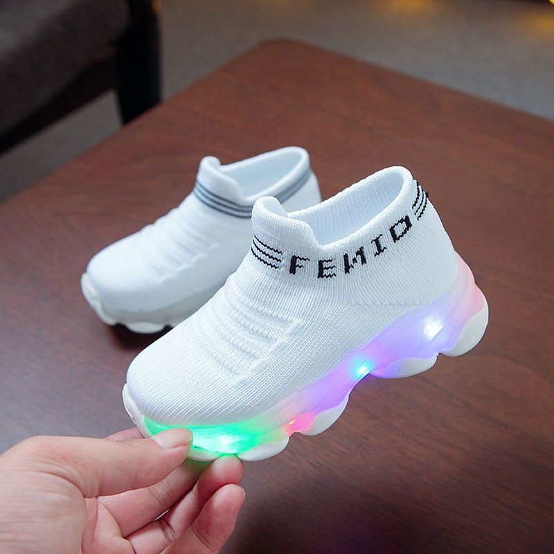 Kids Sneakers Children Baby Girls Boys Letter Mesh Led Luminous Socks Sport Run Sneakers Shoes Sapato Infantil Light Up Shoes eprolo