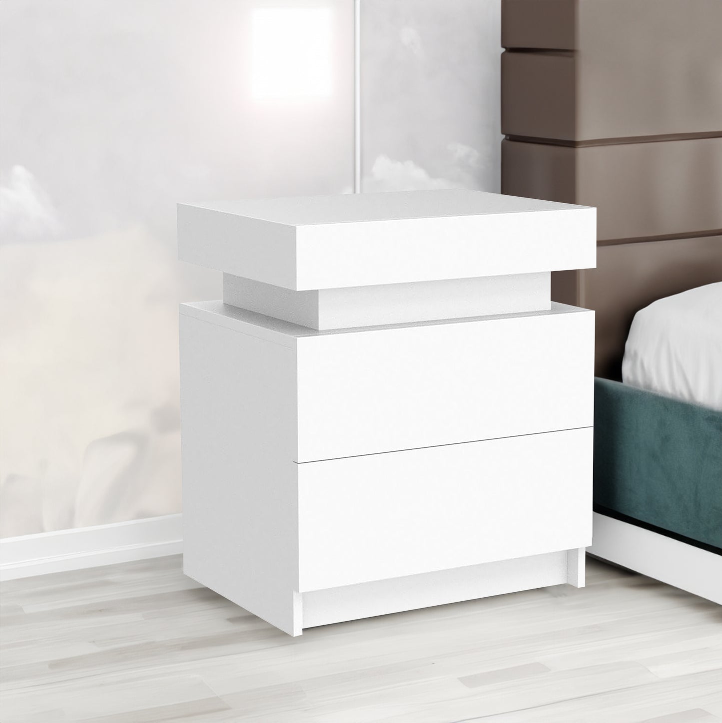 Modern white Nightstand With 2 Storage Drawers,Led Lights, End Table For Bedroom Furniture eprolo