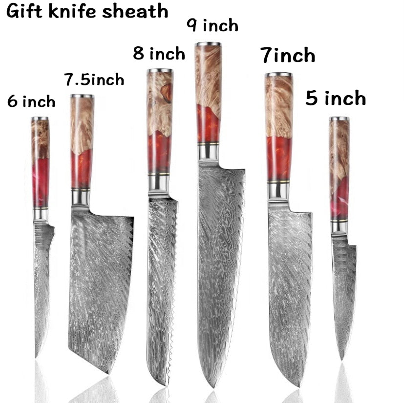 XUANFENG set of vg10 steel kitchen knife brocade machete chef knife bread knife blue resin and color wooden handle kitchen tools eprolo