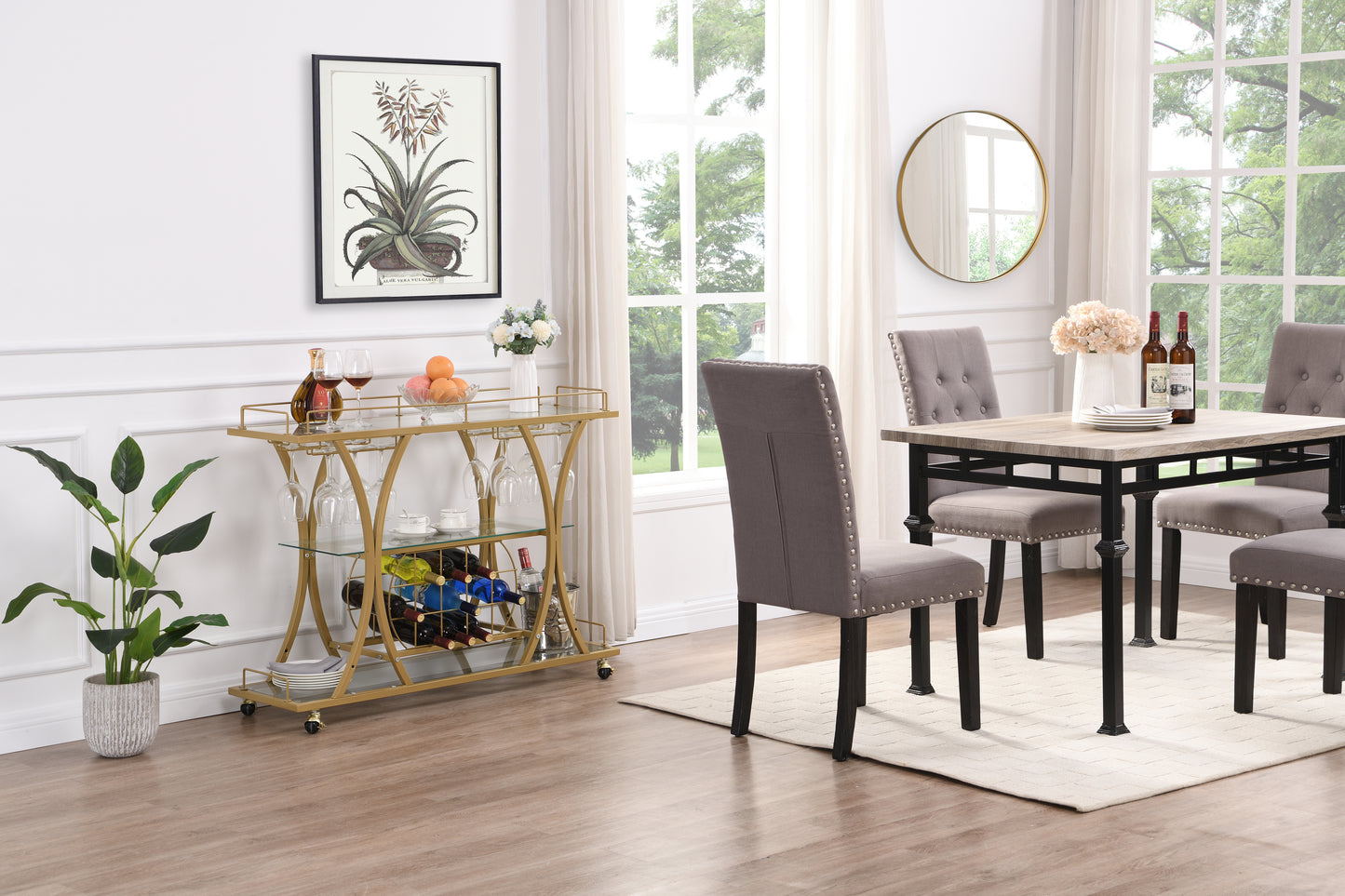 Golden Bar Cart with Wine Rack Tempered Glass Metal Frame Wine Storage eprolo