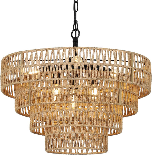6-Light Dining Room Light Fixture, Wicker Pendant Lighting with 4-Tier Woven Lampshade, Large Farmhouse Chandeliers (20") eprolo