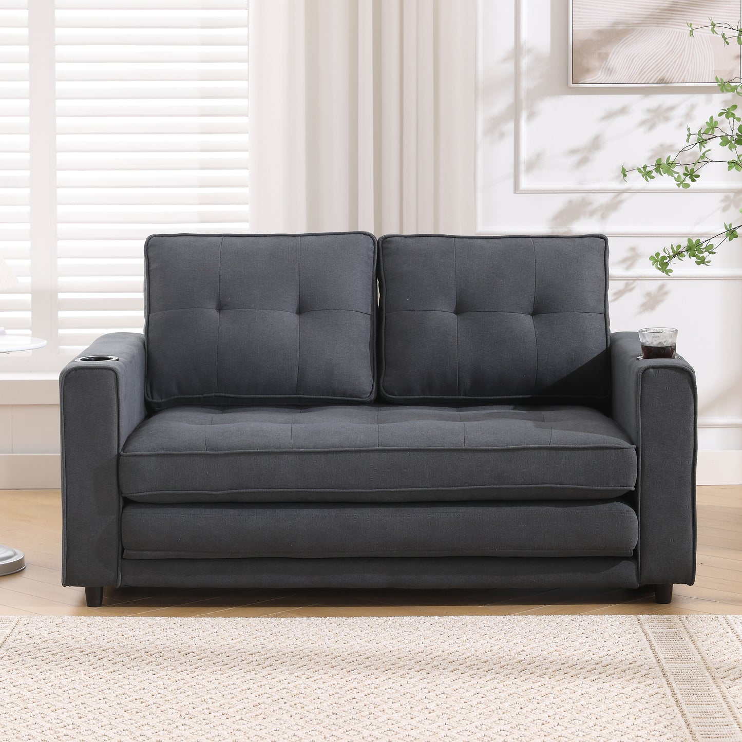 Three in one soft cushion cushion cushion sofa, folding mattress sofa bed, with side pockets and cup holder, dark gray eprolo