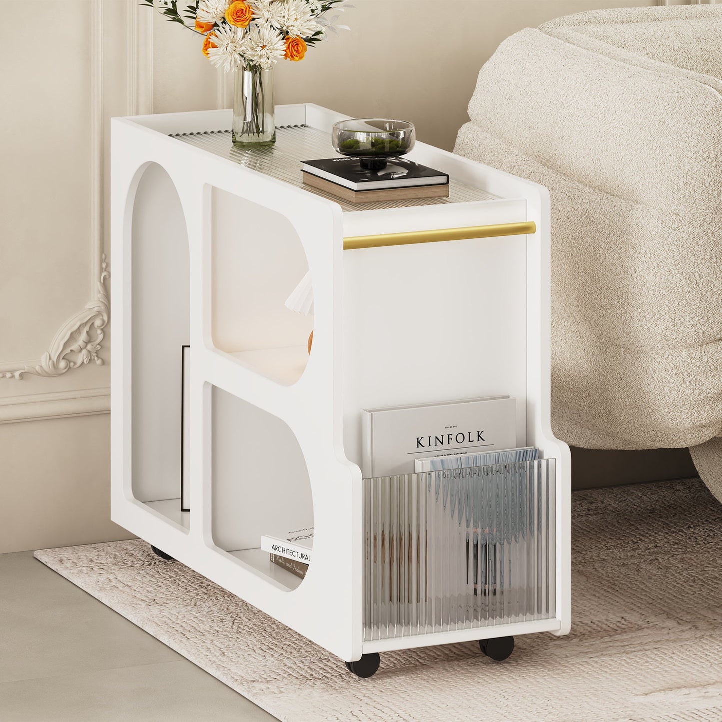 Stylish mobile desk with lockable wheels, white bedside table with 5mm thick grooved tempered glass and gold round bars eprolo