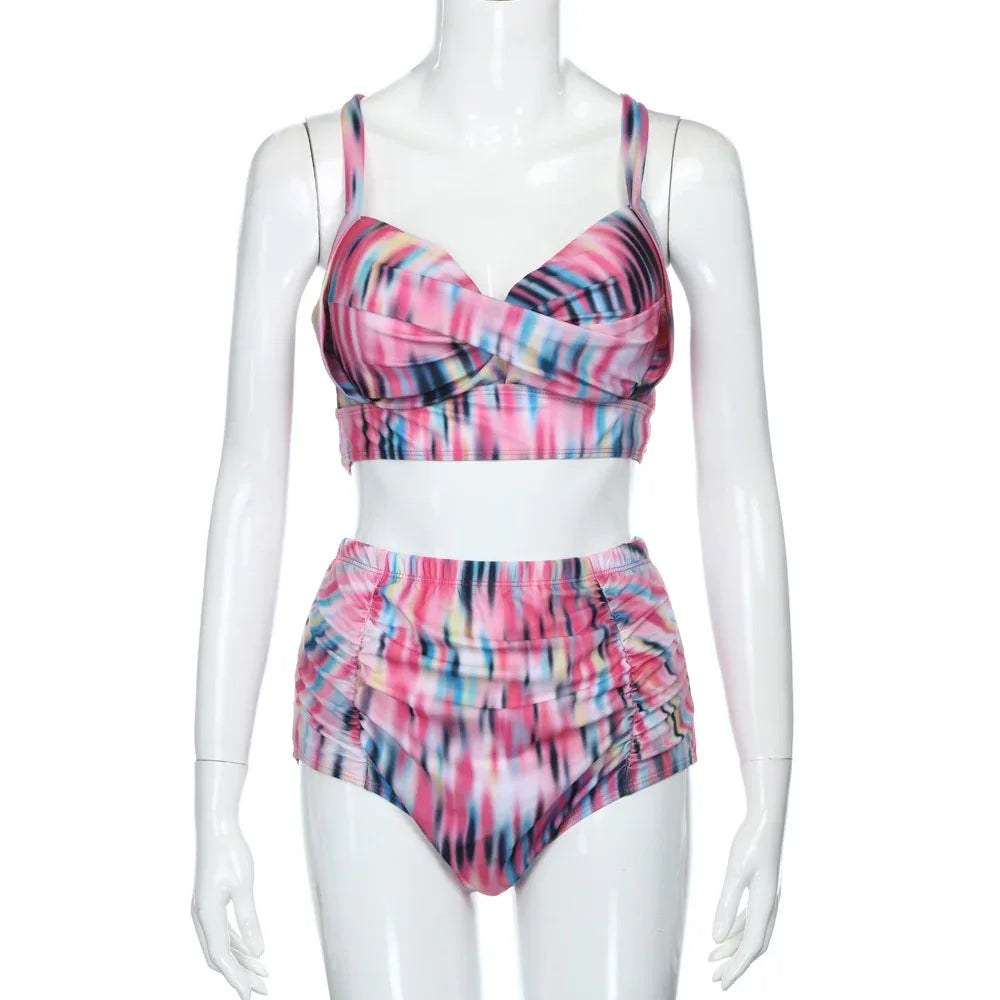 Plus Size high waist women bikini suit 2 piece suit Large size Flower print Beach Bikini Set Padded chest Top swim pool wear - Shello's Creative Boutique