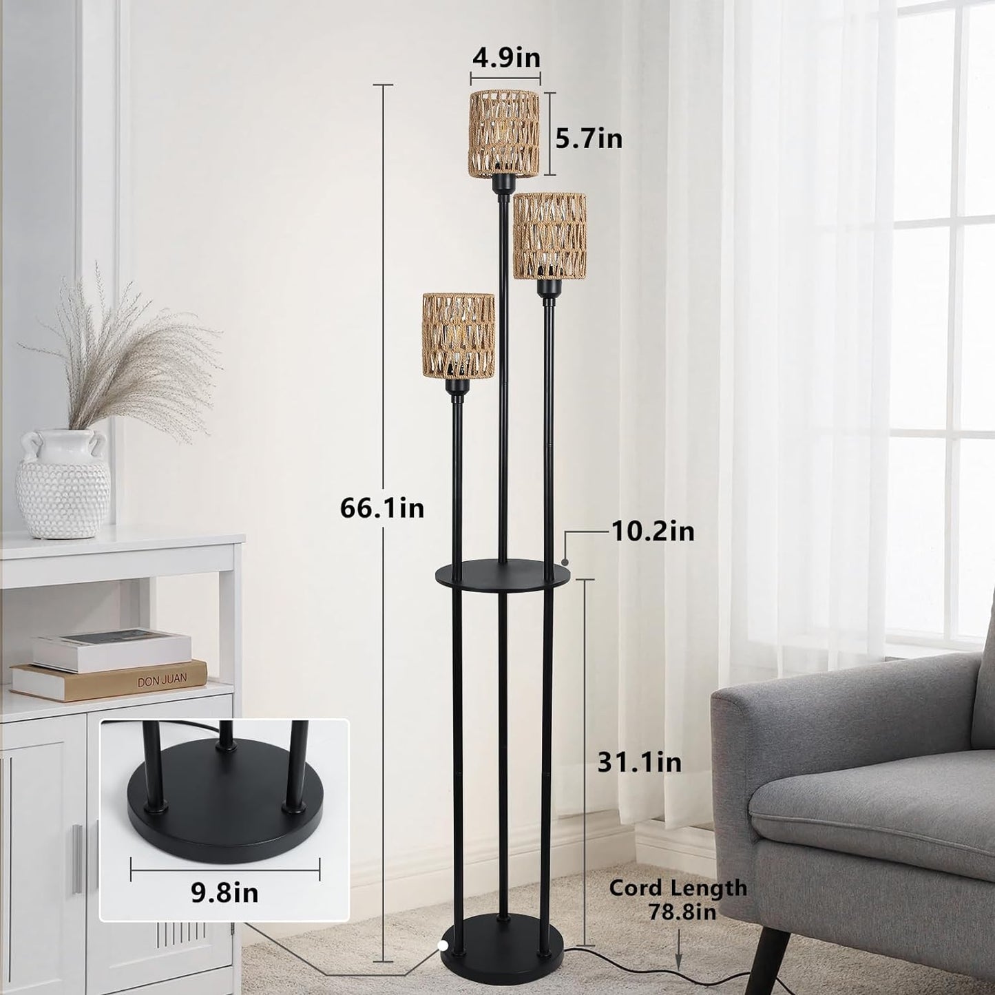 Boho Floor Lamp with Shelves 3-Lights Farmhouse Tall Floor Lamp with ON/OFF Foot Switch Rustic Standing Lamp with Rattan Shades eprolo